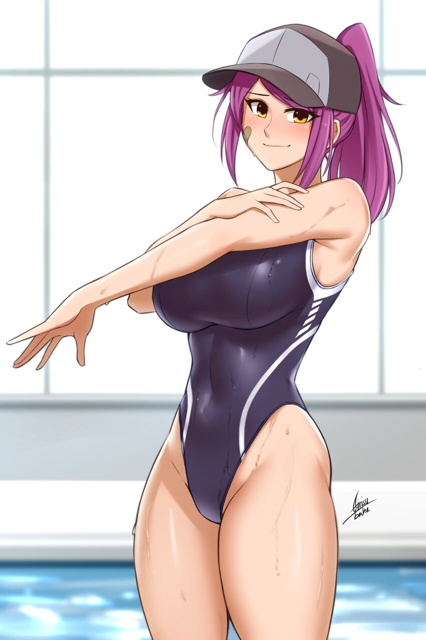 1girl, absurdres, airisubaka, bandaid, bandaid_on_cheek, bandaid_on_face, bare_arms, bare_legs