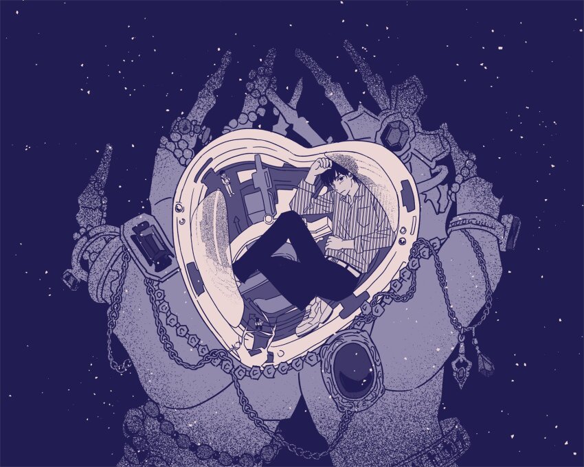 1boy, blue_background, bracelet, closed_mouth, collared_shirt, commentary_request, eoduun_badaui_deungbul-i_doeeo, gem