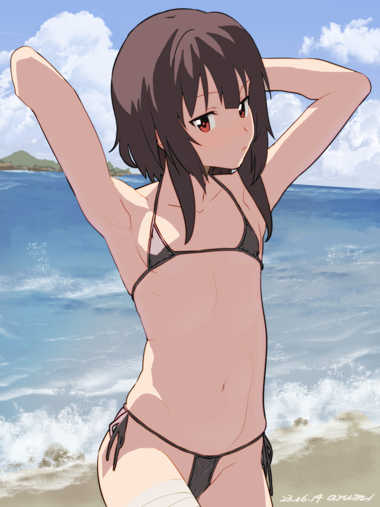1girl, armpits, arms_up, artist_name, baba_arumi, bikini, black_bikini, black_hair, black_ribbon, blue_sky, closed_mouth, collarbone, dated, day, flat_chest, kono_subarashii_sekai_ni_shukufuku_wo!, loli, long_hair, looking_at_viewer, megumin, micro_bikini, navel, ocean, outdoors, red_eyes, ribbon, short_hair_with_long_locks, side-tie_bikini_bottom, sidelocks, signature, sky, solo, stomach, swimsuit, very_long_hair