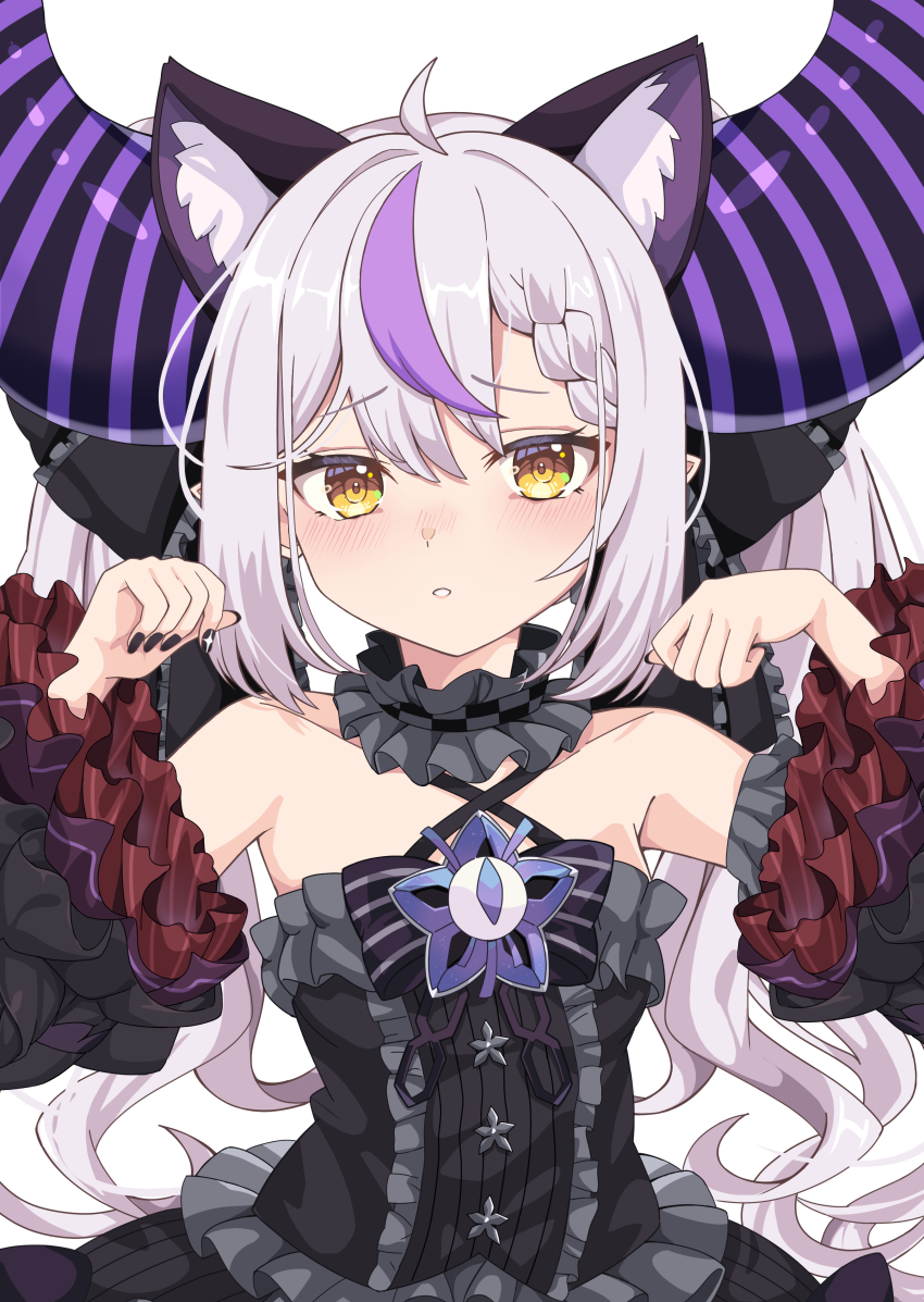 1girl, absurdres, ahoge, animal_ear_fluff, animal_ears, bare_shoulders, black_dress, black_nails, black_sleeves, blush, bow, braid, braided_bangs, brooch, cat_ears, choker, cosplay, criss-cross_halter, demon_girl, demon_horns, detached_sleeves, dress, dress_bow, frilled_choker, frilled_ribbon, frills, gothic_lolita, hair_between_eyes, halter_dress, halterneck, highres, hololive, horns, jewelry, kyabetsu_ningen, la+_darknesss, lolita_fashion, long_hair, looking_at_viewer, multicolored_hair, murasaki_shion, murasaki_shion_(gothic_lolita), murasaki_shion_(cosplay), open_mouth, pointy_ears, purple_hair, purple_horns, ribbon, solo, star_brooch, streaked_hair, striped_horns, twintails, very_long_hair, virtual_youtuber, white_background, yellow_eyes