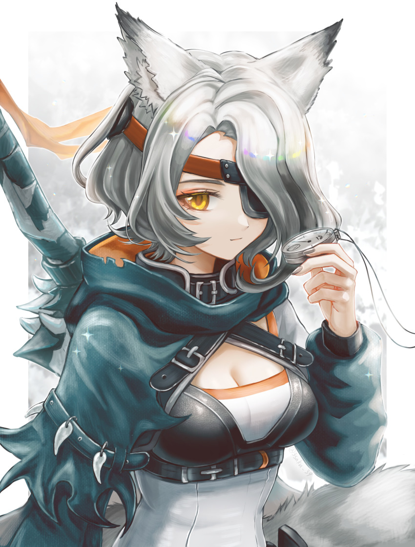 1girl, 3_(sanyako1), absurdres, animal_ear_fluff, animal_ears, arknights, black_nails, breasts