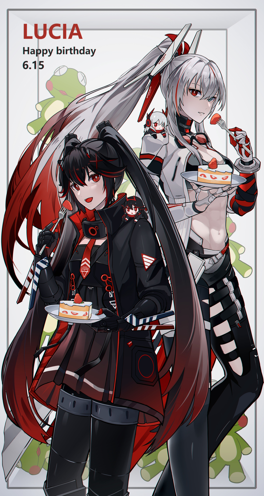 2girls, abs, absurdres, alpha_(pgr), black_bra, black_hair, black_jacket, black_pants, bra, cake, cake_slice, character_doll, doll, eyewear_around_neck, fake_horns, food, fork, frog, fruit, gradient_hair, grey_eyes, grey_hair, grey_jacket, hair_between_eyes, hair_ornament, happy_birthday, heterochromia, highres, holding, holding_fork, holding_plate, horns, jacket, long_hair, alpha:_crimson_abyss_(pgr), alpha:_crimson_weave_(pgr), lucia:_lotus_(pgr), lucia:_plume_(pgr), lucia_(pgr), mechanical_arms, mechanical_legs, multicolored_hair, multiple_girls, navel, necktie, open_clothes, open_jacket, open_mouth, pants, parted_lips, plate, ponytail, punishing:_gray_raven, red_eyes, red_hair, red_necktie, sidelocks, strawberry, streaked_hair, ting_zhi_yue, twintails, underwear, very_long_hair, x_hair_ornament