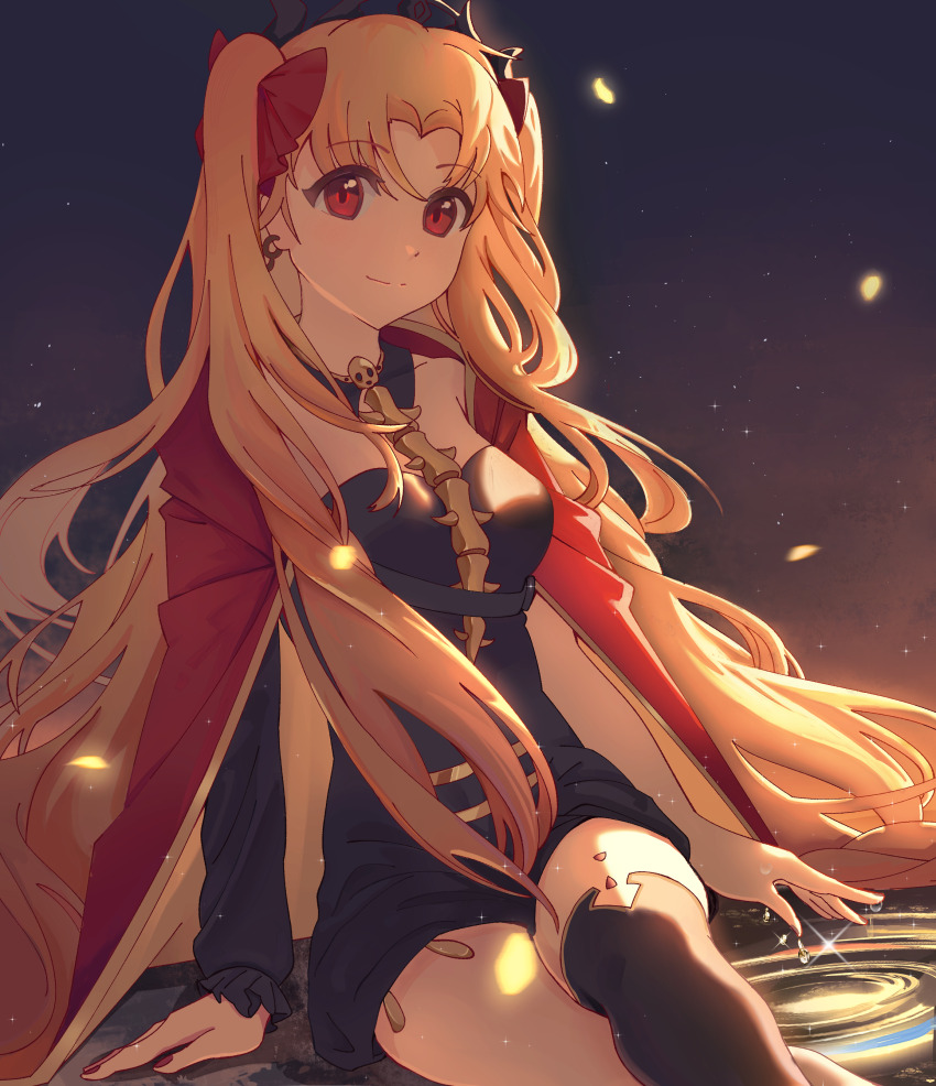 1girl, absurdres, asymmetrical_legwear, black_dress, blonde_hair, breasts, commentary, detached_collar