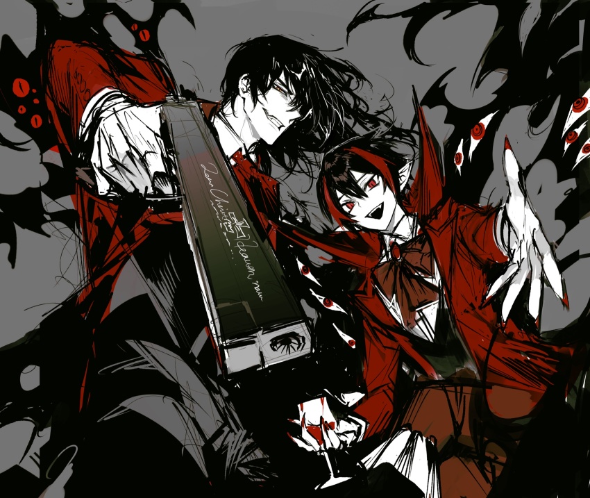 2boys, aiming, aiming_at_viewer, alucard_(hellsing), baskerville, blood, bow, bowtie, brown_bow, brown_bowtie, coat, collared_shirt, cup, drinking_glass, fingernails, gun, handgun, hellsing, highres, library_of_ruina, long_sleeves, looking_at_viewer, multicolored_hair, multiple_boys, necktie, nosferatu_(project_moon), pistol, project_moon, reaching, reaching_towards_viewer, red_coat, red_eyes, red_hair, red_nails, red_necktie, remsrar, sharp_fingernails, shirt, smoke, streaked_hair, trait_connection, vampire, weapon, white_hair, wine_glass
