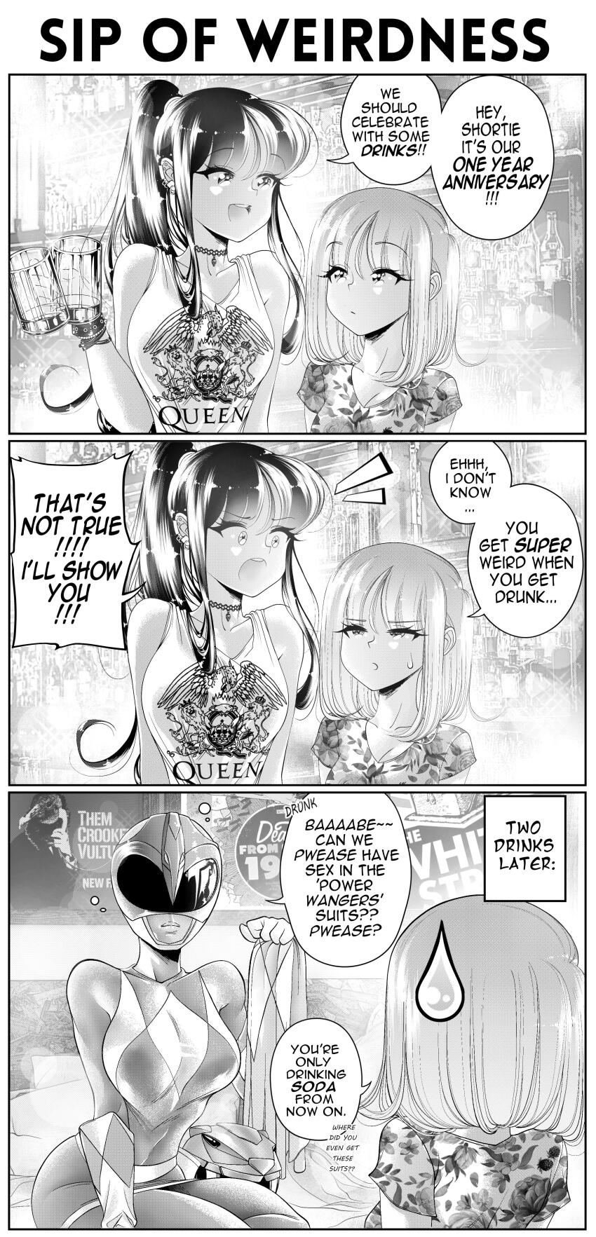 2girls, 3koma, :d, absurdres, band_shirt, beer_glass, bodysuit, breasts, choker, cleavage, comic, commentary, cosplay, couple, cup, dress, drunk, ear_piercing, english_commentary, english_text, floral_print, greyscale, grs-, happy, height_difference, helmet, highres, holding, holding_cup, large_breasts, long_hair, looking_at_another, medium_hair, merchandise, mighty_morphin_pink_ranger, mighty_morphin_power_rangers, monochrome, multiple_girls, open_mouth, original, piercing, pink_ranger_(cosplay), ponytail, power_rangers, print_dress, ptera_ranger, queen_(band), right-to-left_comic, sharon_(grs-), skin_tight, smile, speech_bubble, squeans, sweatdrop, talia_(grs-), tank_top, teeth, the_white_stripes, upper_teeth_only, yuri