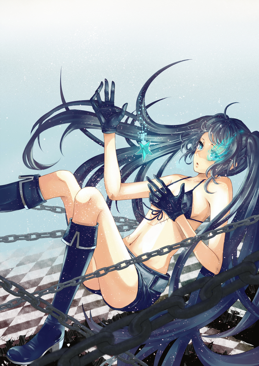 10s, 1girl, absurdres, bad_id, bad_pixiv_id, bikini, bikini_top_only, black_boots, black_hair, black_rock_shooter, black_rock_shooter_(character), blue_eyes, boots, chacota, chain, female_focus, gloves, glowing, glowing_eyes, highres, long_hair, navel, scar, shorts, solo, swimsuit, twintails, very_long_hair
