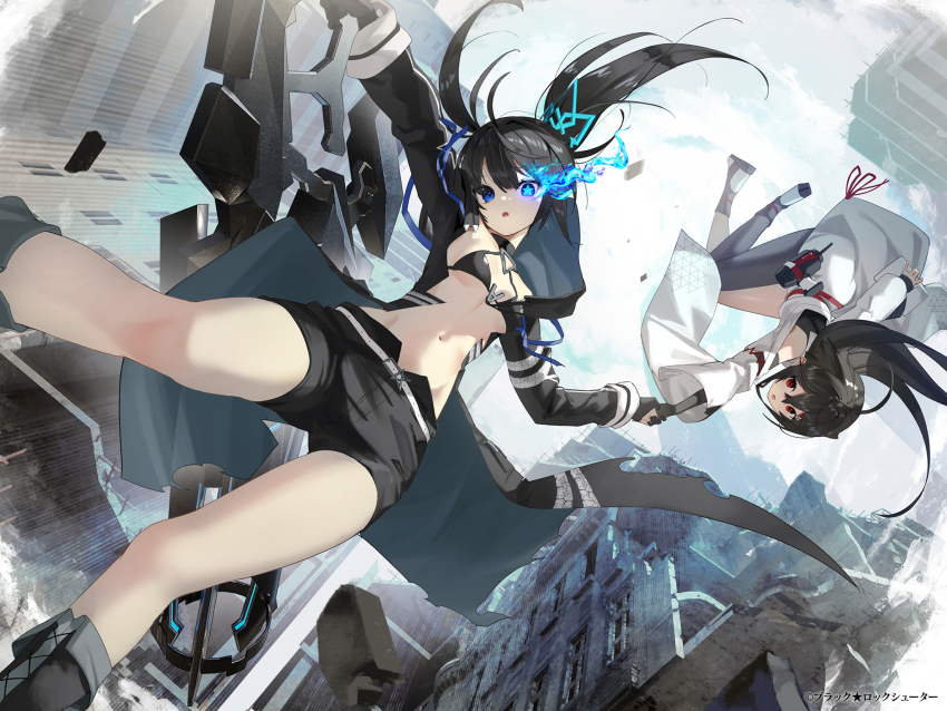 2girls, artist_request, asymmetrical_legwear, black_bra, black_hair, black_jacket, black_pantyhose, black_rock_shooter