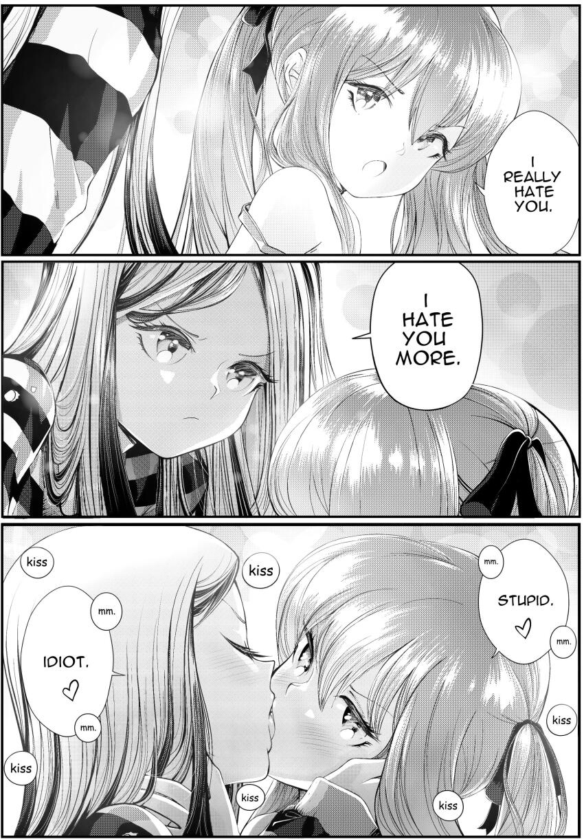 2girls, absurdres, closed_eyes, comic, english_text, french_kiss, greyscale, grs-