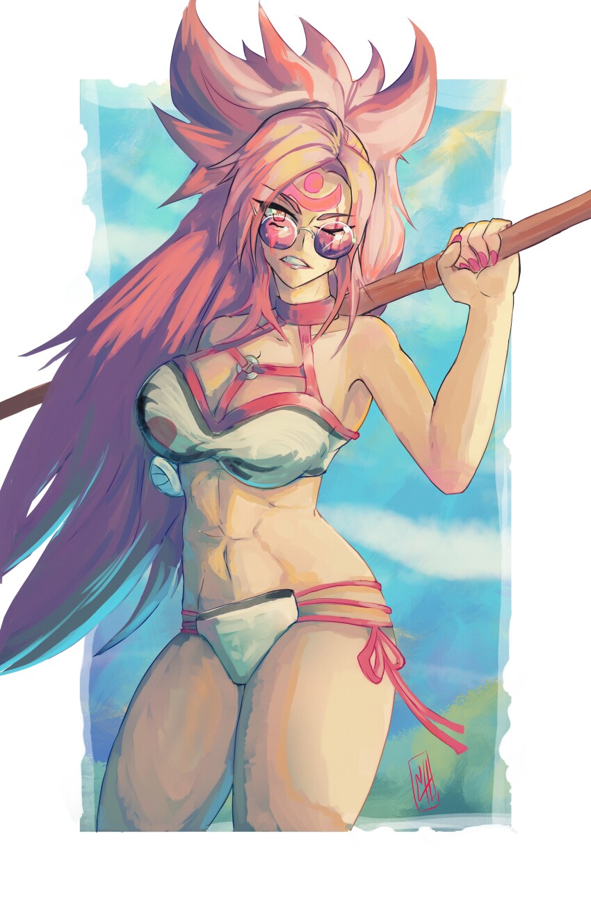 1girl, abs, absurdres, amputee, baiken, bandaged_arm, bandages, bikini