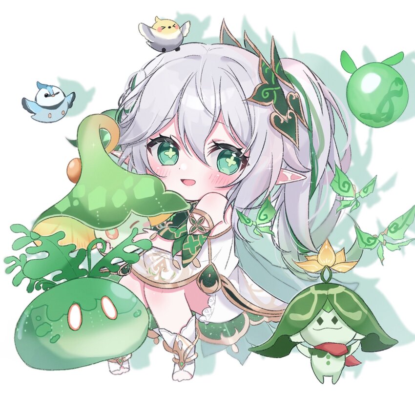 >_<, 1girl, :d, amimia_zaxtuta, arama_(genshin_impact), aranara_(genshin_impact), artist_name, asymmetrical_hair