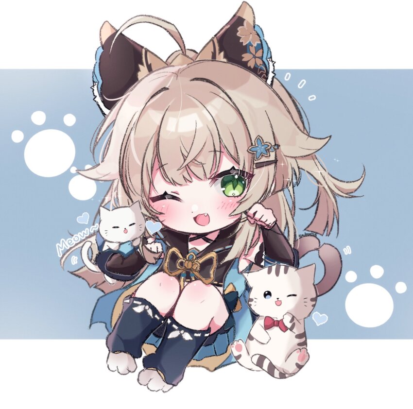 1girl, ;d, ahoge, amimia_zaxtuta, animal_ears, animal_hands, artist_name, black_leg_warmers