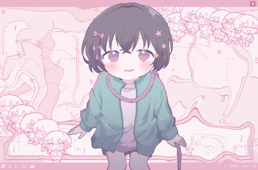 1girl, aqua_jacket, black_shorts, blush, bow, brown_hair, chibi, chibi_inset