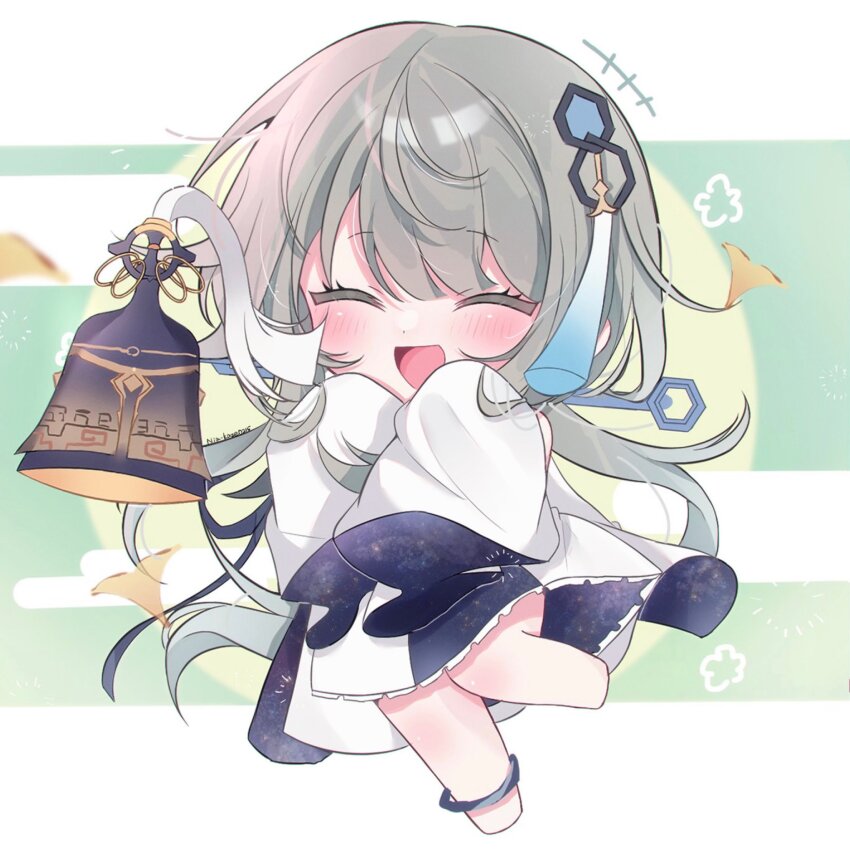 +++, 1girl, :d, ^_^, amimia_zaxtuta, artist_name, bell, blush, chibi, closed_eyes, commentary_request, dress, egasumi, eyelashes, floating_hair, flower_symbol, genshin_impact, ginkgo_leaf, green_background, grey_hair, guizhong_(genshin_impact), hair_between_eyes, hair_ornament, hands_up, happy, highres, leaf, leg_up, long_hair, long_sleeves, open_mouth, sidelocks, simple_background, sleeves_past_fingers, sleeves_past_wrists, smile, solo, tassel, tassel_hair_ornament, very_long_hair, white_background, white_dress, wide_sleeves