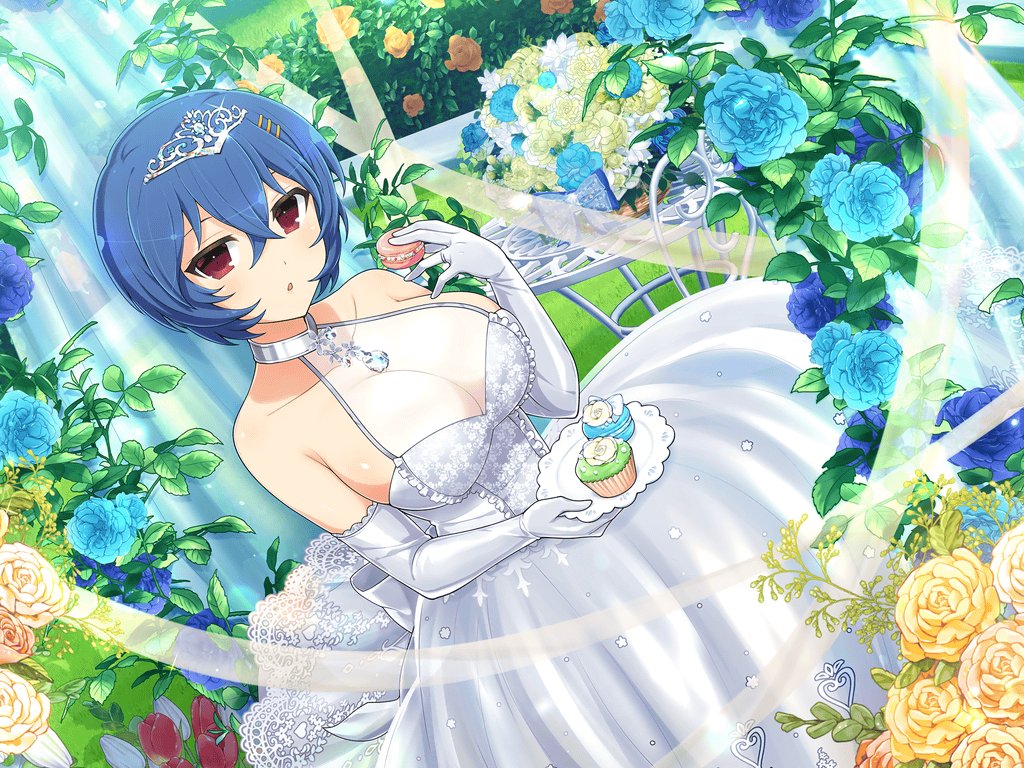 1girl, amane_(senran_kagura), basket, blue_flower, blue_hair, blue_rose, blush, bow, breasts, bride, bush, cleavage, cupcake, curtains, dessert, dress, elbow_gloves, flower, flower_basket, food, frilled_dress, frills, garden, gloves, grass, hair_ornament, hairpin, holding, holding_food, holding_plate, icing, lace, lace_trim, large_breasts, leaf, looking_at_viewer, macaron, official_alternate_costume, official_art, open_mouth, orange_flower, orange_rose, plant, plate, red_eyes, red_flower, red_tulip, rose, see-through_clothes, see-through_cleavage, senran_kagura, senran_kagura_new_link, short_hair, solo, standing, streamers, sweets, table, tiara, tulip, waist_bow, wedding_dress, white_bow, white_dress, white_flower, white_gloves, white_rose, yaegashi_nan, yellow_flower, yellow_rose