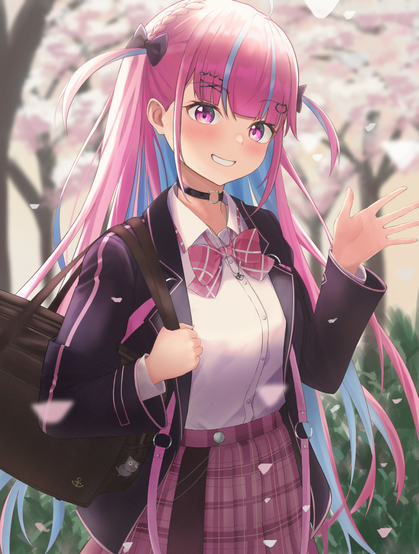 1girl, absurdres, bag, blazer, blurry, blurry_background, blush, bow