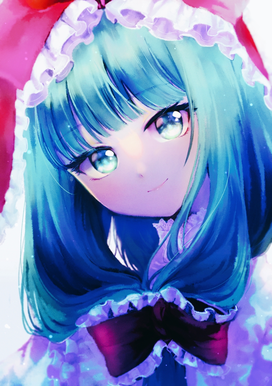 1girl, bow, frilled_bow, frills, front_ponytail, green_eyes, green_hair, hair_bow