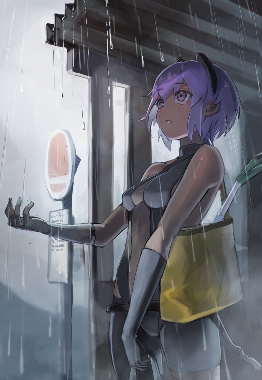 1girl, bag, black_gloves, breasts, bus_stop, dark-skinned_female, dark_skin, fate/prototype