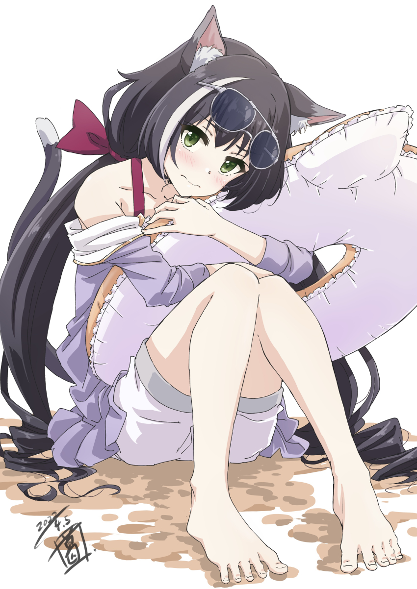 1girl, absurdres, animal_ear_fluff, animal_ears, artist_logo, bare_shoulders, barefoot, black_hair, blush, cat_ears, cat_girl, cat_tail, closed_mouth, dated, eyewear_on_head, frown, full_body, head_tilt, highres, holding, holding_swim_ring, innertube, jacket, karyl_(princess_connect!), karyl_(summer)_(princess_connect!), knees_up, logo, long_hair, looking_at_viewer, low_twintails, multicolored_hair, off_shoulder, princess_connect!, purple_jacket, sekiya_kuzuyu, shorts, sitting, solo, streaked_hair, sunglasses, swim_ring, tail, toes, twintails, white_background, white_shorts