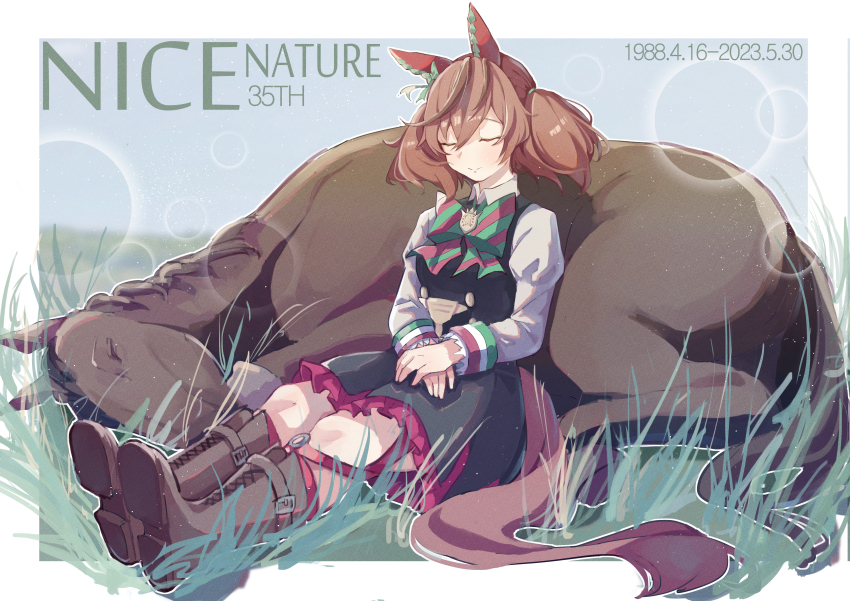 1girl, absurdres, animal_ears, black_dress, boots, border, bow, brown_boots, brown_hair, character_name, closed_eyes, closed_mouth, commentary_request, creature_and_personification, dated, dress, ear_bow, ear_covers, frilled_dress, frills, green_bow, hair_between_eyes, highres, hope_fantasy, horse, horse_ears, horse_girl, horse_tail, juliet_sleeves, lace-up_boots, long_sleeves, multicolored_hair, nice_nature_(racehorse), nice_nature_(umamusume), on_ground, personification, puffy_sleeves, red_bow, red_hair, smile, solo, streaked_hair, striped_bow, tail, thigh_strap, twintails, umamusume, white_border
