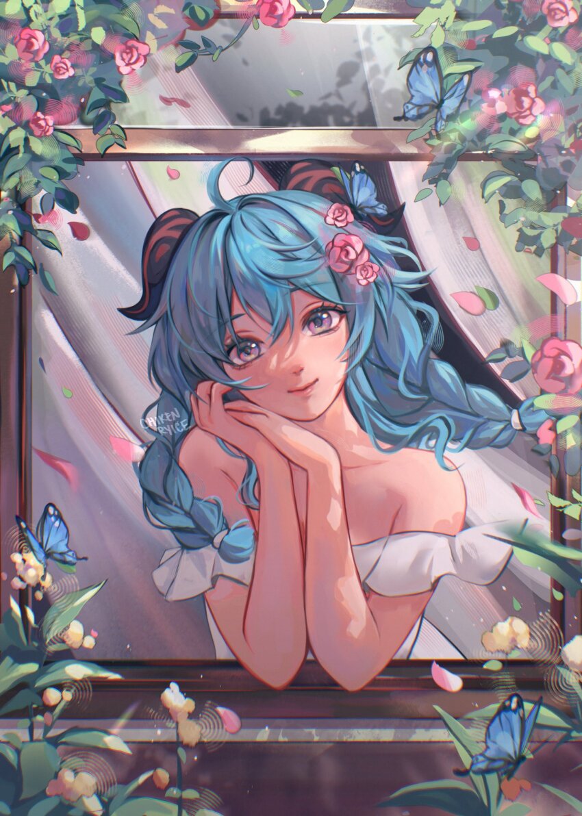 1girl, ahoge, artist_name, bare_shoulders, blue_butterfly, blue_hair, braid, breasts