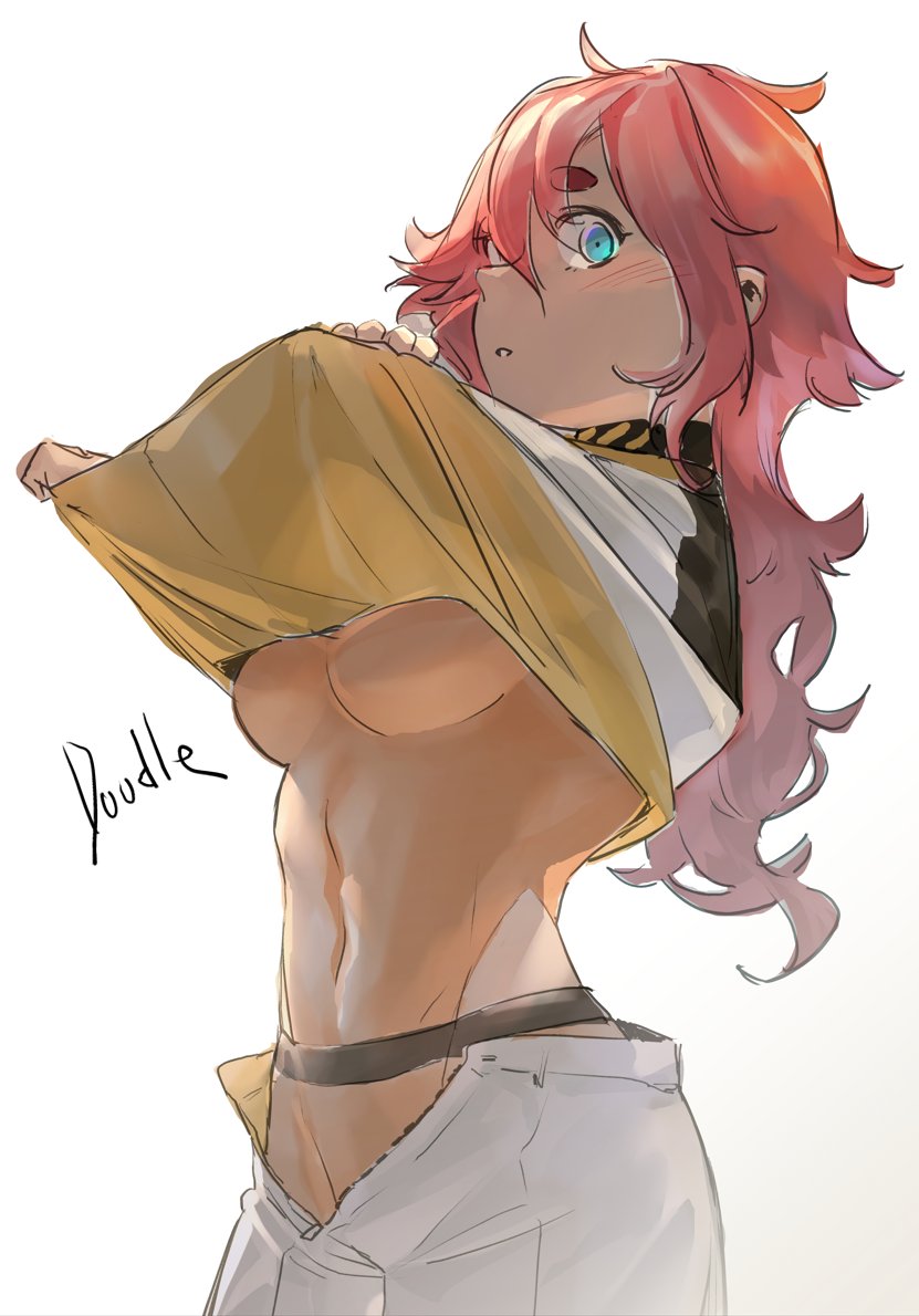 1girl, ani_lu, bodysuit, breasts, duplicate, female_focus, gundam, gundam_suisei_no_majo, long_hair, medium_breasts, red_hair, solo, suletta_mercury, underboob, undressing