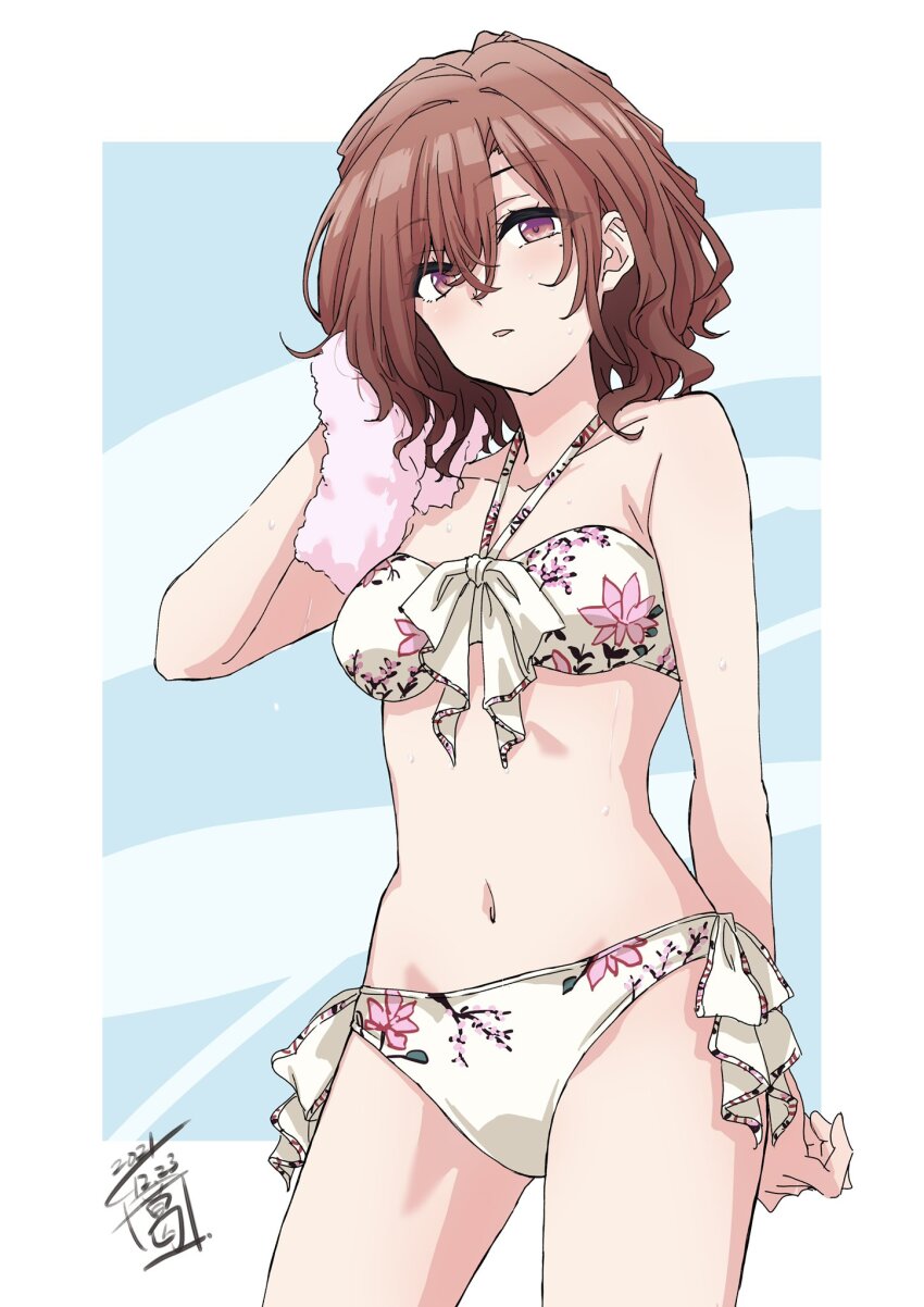 1girl, artist_logo, bare_arms, bare_shoulders, bikini, breasts, brown_hair, cowboy_shot