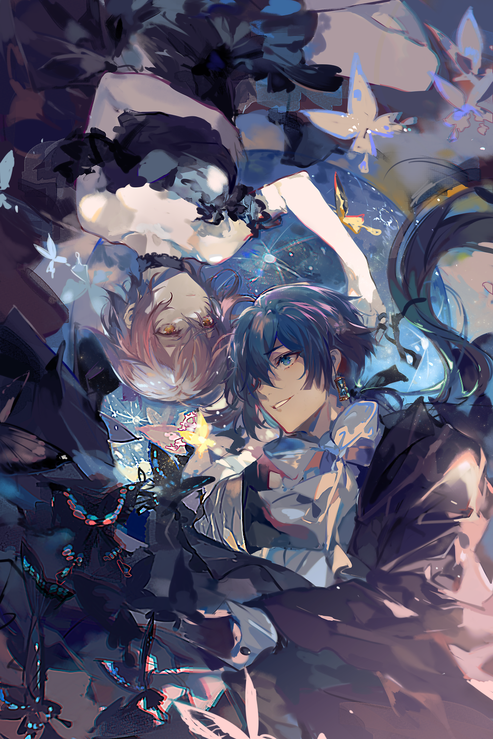 1boy, 1girl, black_dress, blue_eyes, blue_hair, bug, butterfly, dress