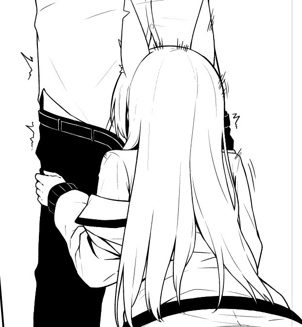 1boy, 1girl, animal_ears, black_pants, blue_archive, fellatio, hetero, jacket, kanna_(blue_archive), long_hair, monochrome, oral, pants, sensei_(blue_archive), tennen_inari, twitter, white_background