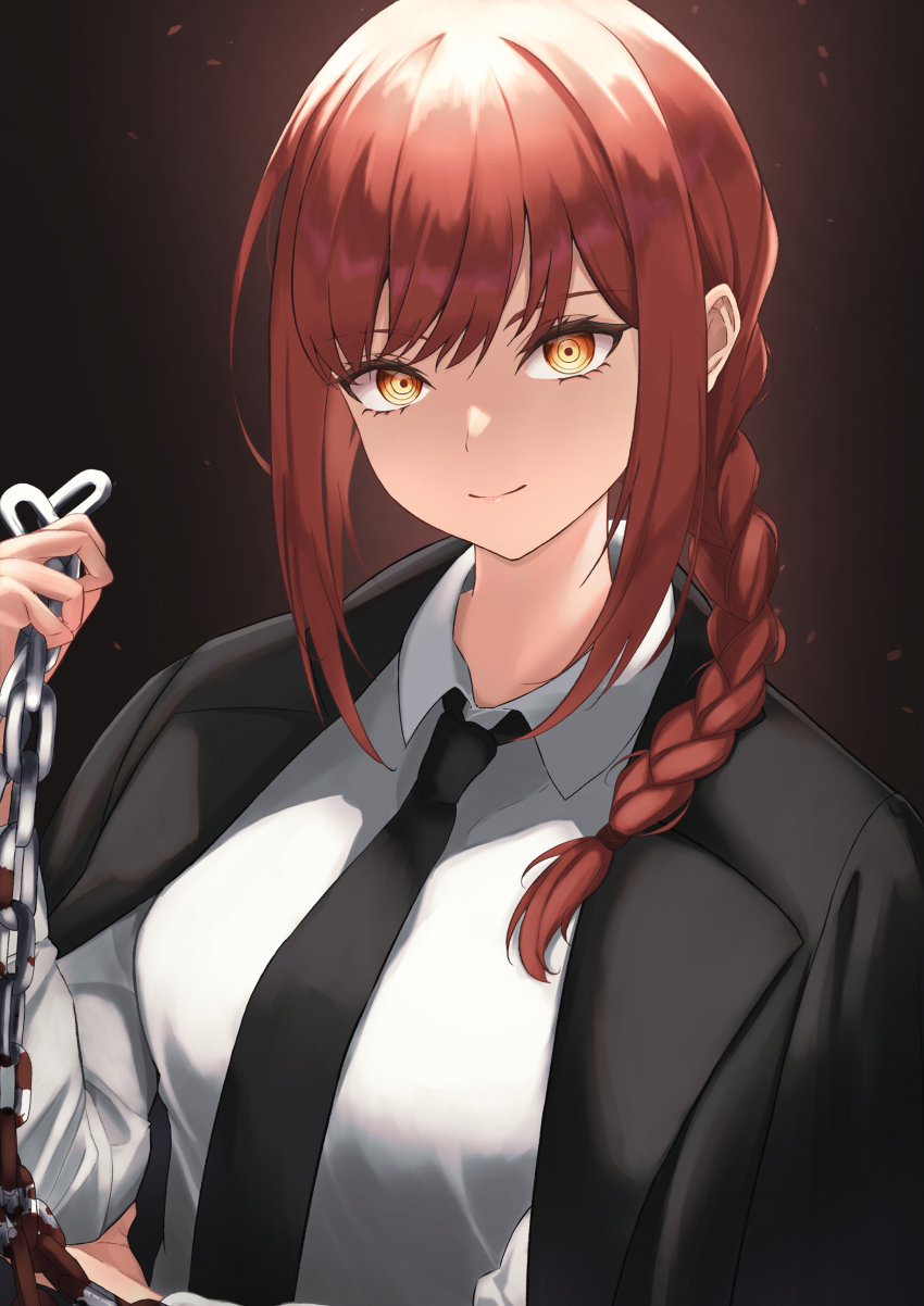 1girl, absurdres, blazer, braid, chain, chainsaw_man, collared_shirt, hair_over_shoulder