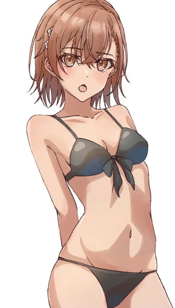 1girl, arms_behind_back, bikini, black_bikini, blush, breasts, brown_eyes, brown_hair