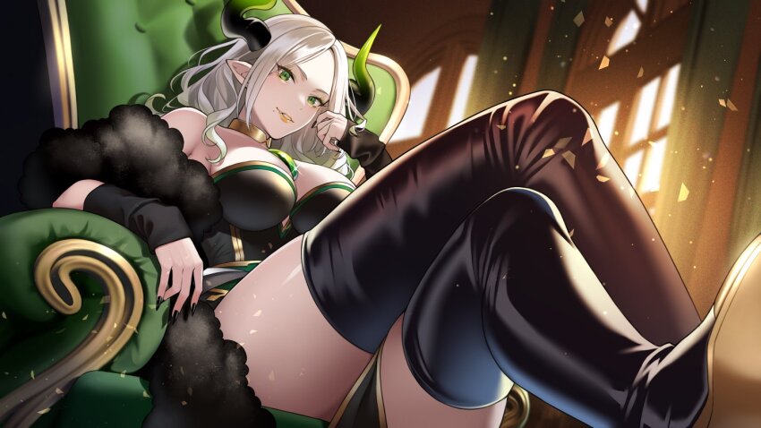 1girl, black_boots, black_dress, black_nails, black_scarf, boots, chair, crossed_legs