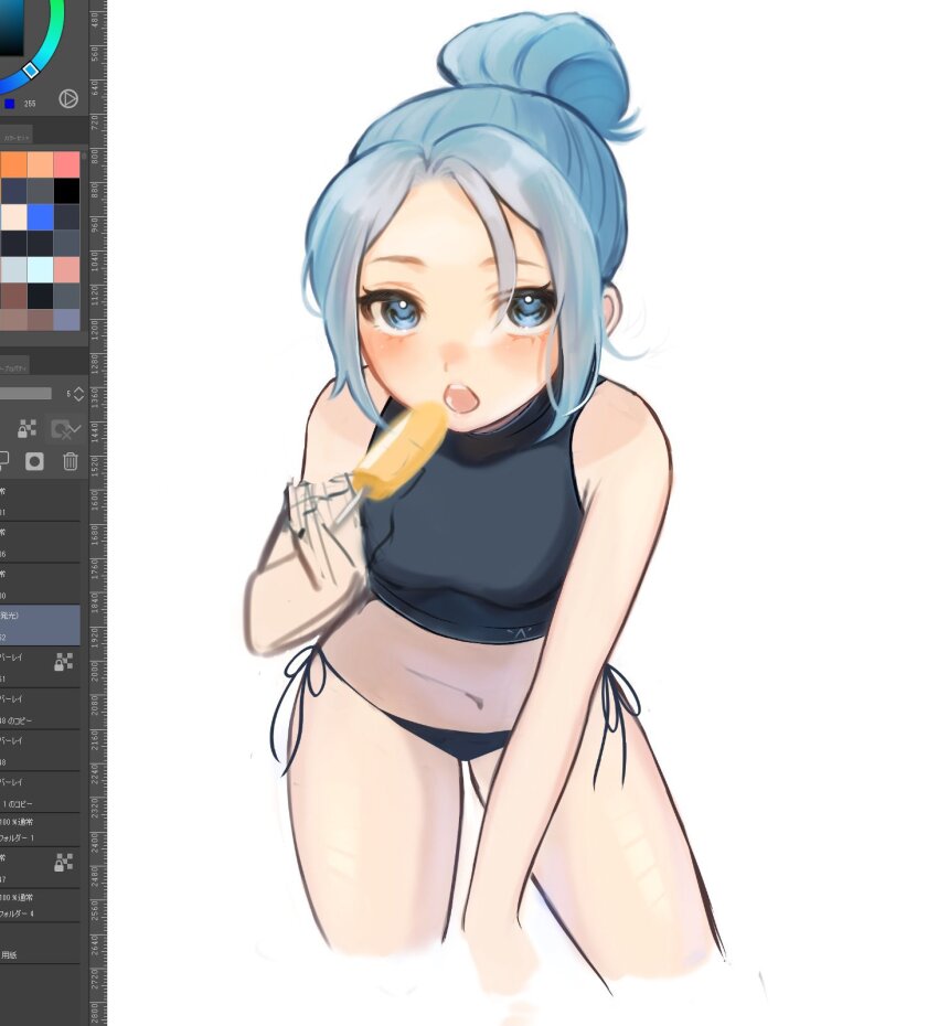 1girl, 3bai_kaiouken, :o, animification, art_program_in_frame, bikini, bikini_bottom_only, black_bikini, blue_eyes, blue_hair, blush, commentary, cropped_shirt, food, hair_behind_ear, hair_bun, highres, holding, holding_food, holding_popsicle, jett_(valorant), looking_at_viewer, navel, open_mouth, popsicle, single_hair_bun, sketch, solo, swimsuit, untranslatable_commentary, unfinished, valorant, white_background