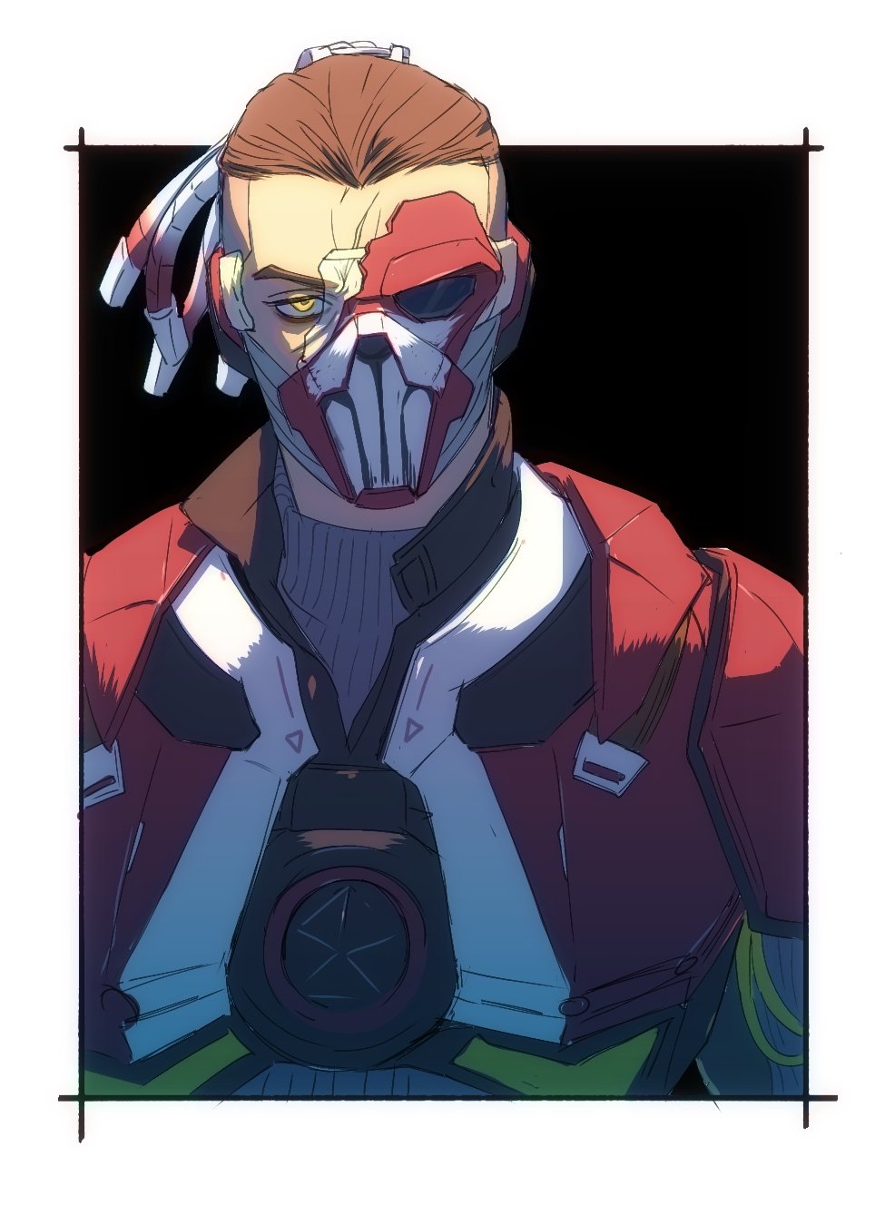 1boy, animification, apex_legends, apex_legends_mobile, armor, black_background, border, broken_mask, brown_eyes, brown_hair, cable, fade_(apex_legends), grey_sweater, hair_slicked_back, head_tilt, highres, jbo, looking_at_viewer, male_focus, mask, outside_border, power_armor, ribbed_sweater, solo, sweater, undercut, v-shaped_eyebrows, white_border