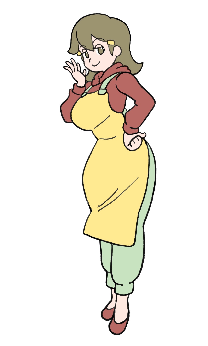 1girl, 5-volt, absurdres, alternate_breast_size, apron, aqua_pants, breasts, brown_eyes