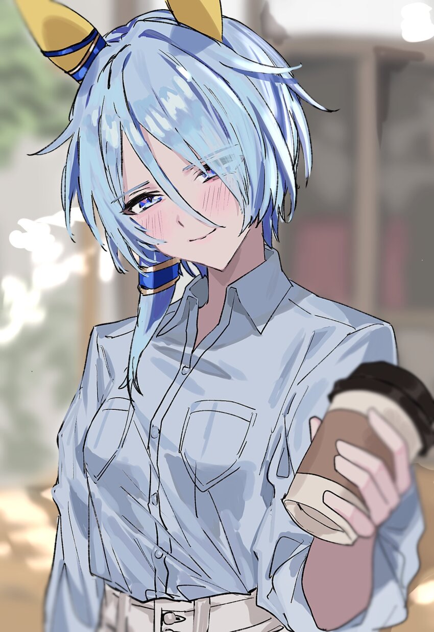 1girl, animal_ears, aogisa, blue_eyes, blue_hair, blue_shirt, blurry, blurry_background