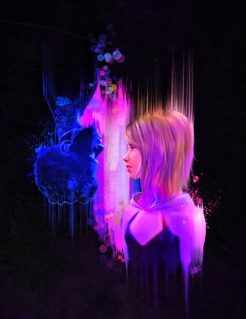 1boy, blonde_hair, face-to-face, gwen_stacy, highres, invisible, invisible_man, marvel, miles_morales, sad, sorrow, sorry, spider-gwen, spider-man:_across_the_spider-verse, spider-man_(miles_morales), spider-man_(series), spider-verse, tagme, upside-down