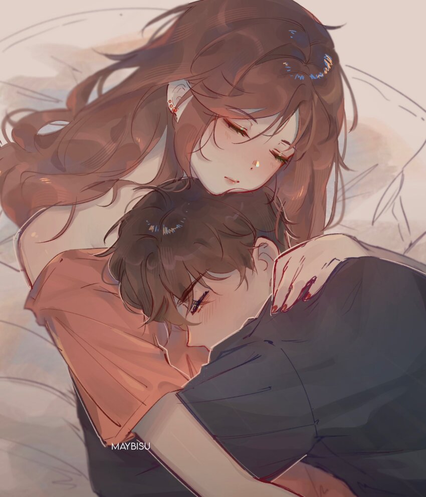 1boy, 1girl, artem_wing_(tears_of_themis), bed, black_shirt, brown_hair, closed_eyes, closed_mouth, commentary, earrings, english_commentary, from_above, highres, hug, jewelry, long_hair, long_sleeves, lying, maybisu, nail_polish, on_back, on_side, orange_shirt, red_nails, rosa_(tears_of_themis), shirt, short_hair, short_sleeves, sleeping, tears_of_themis