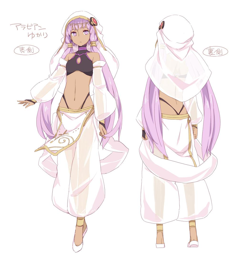 1girl, alternate_costume, alternate_skin_color, anklet, arabian_clothes, ass, bare_shoulders, black_gloves