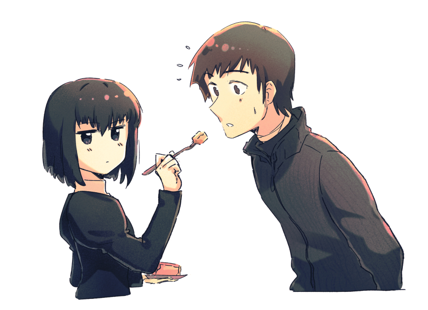 1boy, 1girl, bandaged_neck, bandages, black_dress, black_eyes, black_hair, black_jacket