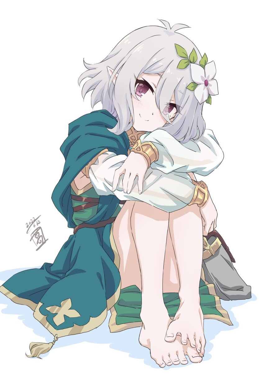 1girl, antenna_hair, artist_logo, bag, barefoot, closed_mouth, dated, detached_sleeves, dress, feet, flower, full_body, green_dress, grey_hair, hair_between_eyes, hair_flower, hair_ornament, head_tilt, highres, hugging_own_legs, knees_up, kokkoro_(princess_connect!), logo, looking_at_viewer, pink_eyes, pointy_ears, princess_connect!, sekiya_kuzuyu, short_hair, sidelocks, simple_background, sitting, smile, solo, spread_toes, toenails, toes, white_background