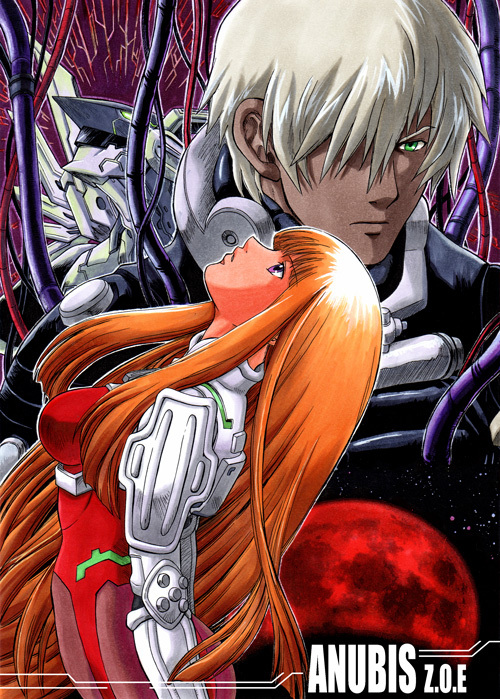 00s, bodysuit, breasts, cable, dingo_egret, green_eyes, grey_hair, hair_over_one_eye, jehuty, ken_marinaris, long_hair, mars_(planet), mecha, orange_hair, purple_eyes, robot, space, ssmaru, traditional_media, zone_of_the_enders, zone_of_the_enders:_the_2nd_runner, zone_of_the_enders_(series)