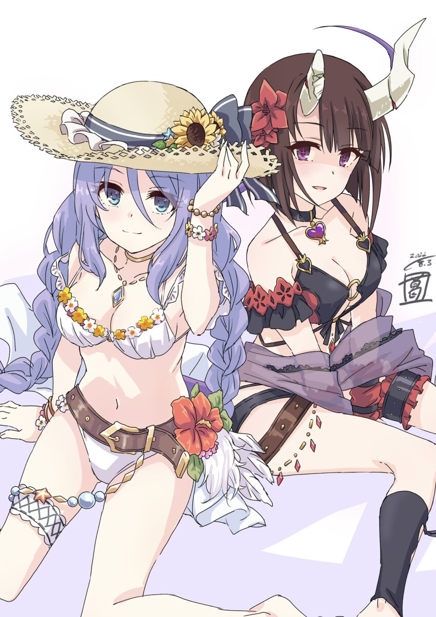 2girls, arm_support, bare_shoulders, barefoot, belt, bikini, black_bikini, blue_eyes