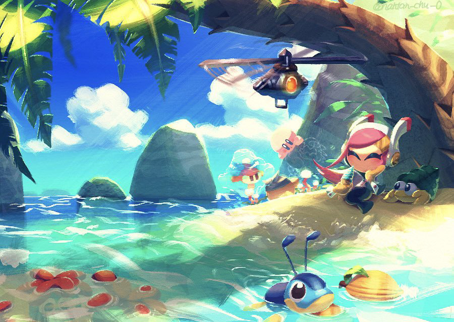1girl, bandana_waddle_dee, beach, blue_sky, closed_eyes, cloud, coner, floaty_the_cell_core_(kirby)