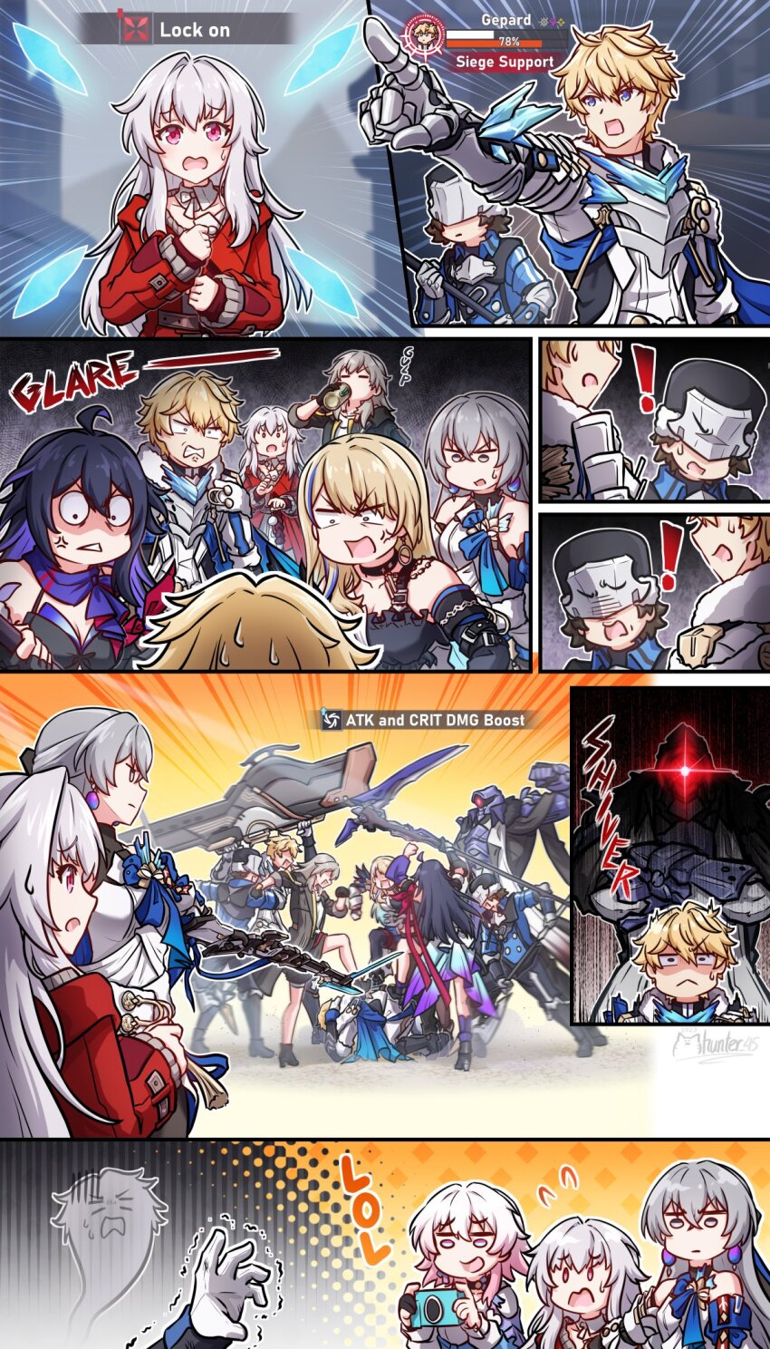 !, 5boys, 6+girls, abbacchio_joins_the_kicking_(meme), armor, blonde_hair, breasts, bronya_rand, cellphone, clara_(honkai:_star_rail), cleavage, clone, comic, disappointed, drinking, dual_persona, emphasis_lines, faceless, faceless_male, gameplay_mechanics, gepard_landau, giving_up_the_ghost, glaring, glowing, glowing_eyes, grey_hair, hair_ornament, health_bar, highres, honkai:_star_rail, honkai_(series), jacket, long_hair, march_7th_(honkai:_star_rail), march_7th_(preservation)_(honkai:_star_rail), medium_breasts, meme, mhunter_45, multiple_boys, multiple_girls, open_mouth, parody, phone, pointing, pointing_at_another, robot, seele_(honkai:_star_rail), serval_landau, silvermane_guard_(honkai:_star_rail), stelle_(honkai:_star_rail), stomping, surprised, svarog_(honkai:_star_rail), sweat, tied_jacket, trailblazer_(honkai:_star_rail), weapon
