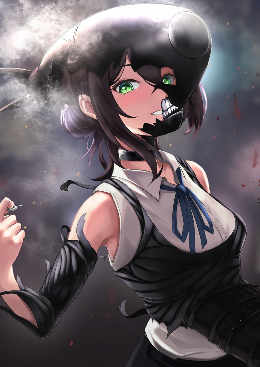 1girl, absurdres, armpits, black_hair, blush, bomb_devil_(chainsaw_man), breasts, chainsaw_man