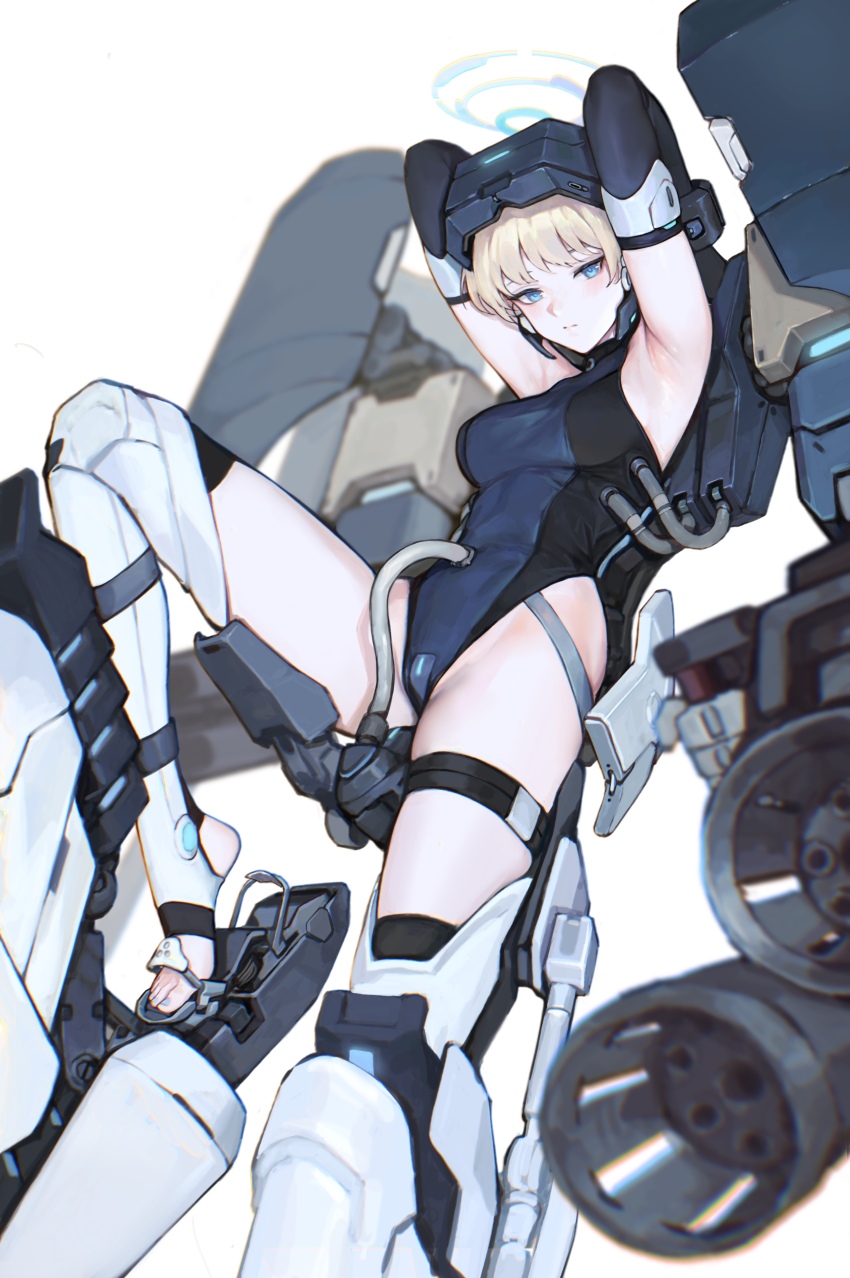 1girl, absurdres, armpits, arms_behind_head, arms_up, black_gloves, blonde_hair, blue_archive, blue_eyes, blue_one-piece_swimsuit, blurry, blurry_background, blurry_foreground, blush, breasts, cable, closed_mouth, elbow_gloves, exoskeleton, eyelashes, eyewear_on_head, feet, foot_out_of_frame, gatling_gun, gloves, grey_background, halo, heel-less_legwear, heel_pop, highleg, highleg_leotard, highleg_one-piece_swimsuit, highres, iuui, knee_up, large_breasts, legs, leotard, looking_at_viewer, mecha_musume, minigun, nail_polish, one-piece_swimsuit, science_fiction, shadow, short_hair, sidelocks, simple_background, skindentation, sleeveless_turtleneck_leotard, solo, stirrup_legwear, swept_bangs, swimsuit, thigh_strap, thighhighs, thighs, toeless_legwear, toenail_polish, toenails, toes, toki_(abi-eshuh)_(blue_archive), toki_(blue_archive), white_thighhighs