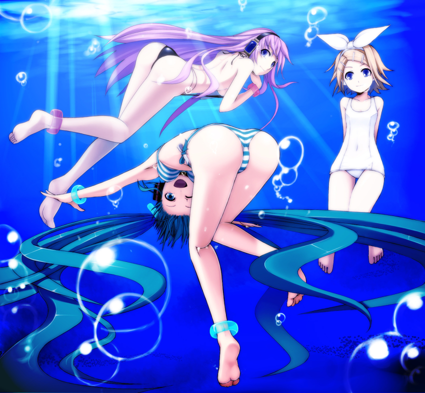 3girls, anklet, aqua_eyes, aqua_hair, ass, bad_id, bad_pixiv_id, barefoot, bikini, blonde_hair, blue_eyes, bracelet, bubble, chulain, feet, hair_ornament, hair_ribbon, hairclip, hatsune_miku, headphones, highres, jewelry, kagamine_rin, kamata_yuuya, legs, long_hair, megurine_luka, multiple_girls, one-piece_swimsuit, one_eye_closed, open_mouth, pink_hair, ribbon, school_swimsuit, short_hair, slingshot_swimsuit, smile, soles, striped_bikini, striped_clothes, swimming, swimsuit, twintails, underwater, very_long_hair, vocaloid, white_one-piece_swimsuit, white_school_swimsuit, wink