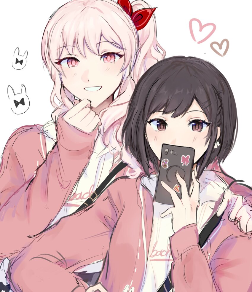 1girl, 1other, adair_(juicelooped), akiyama_mizuki, androgynous, bob_cut, brown_eyes, brown_hair