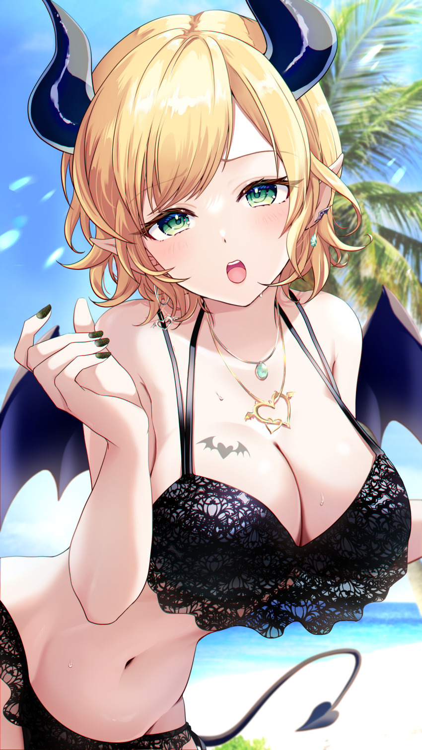 1girl, absurdres, bare_shoulders, bat_tattoo, beach, bikini, black_bikini, black_horns