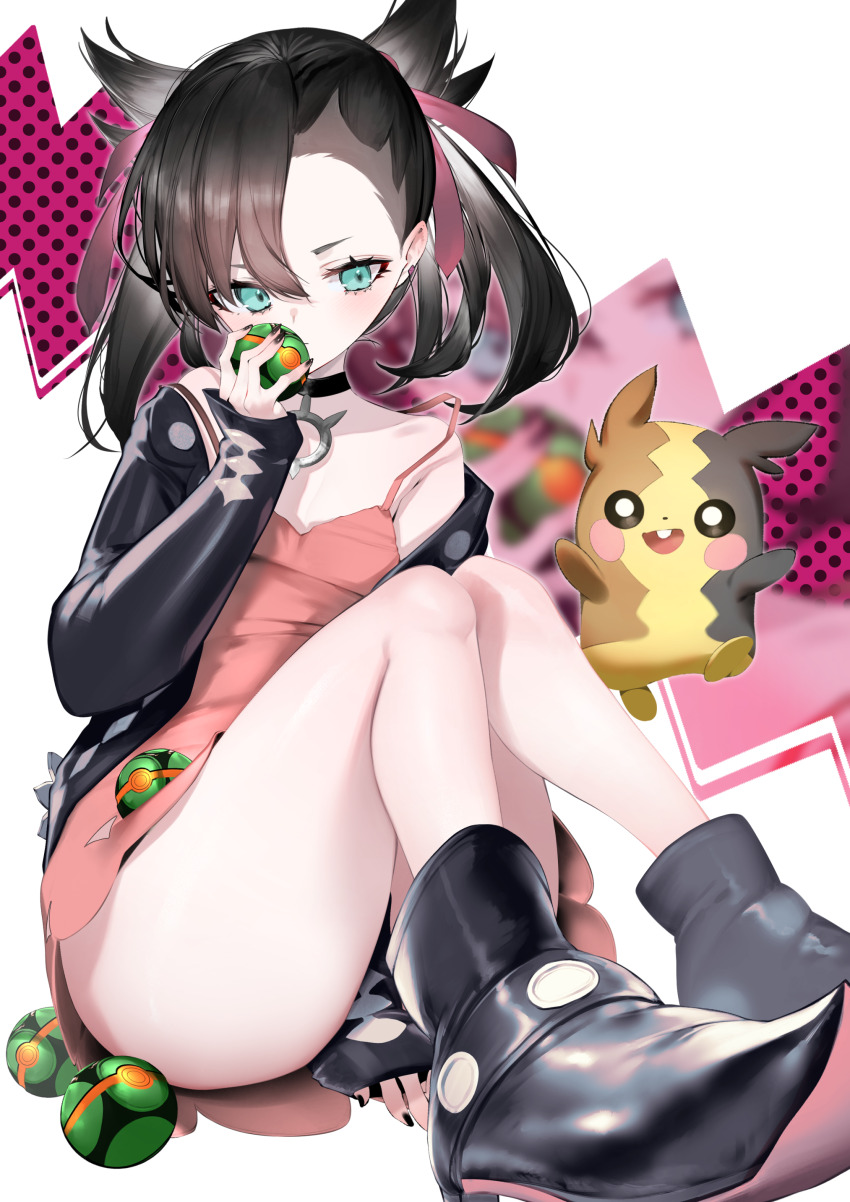 1girl, absurdres, asymmetrical_bangs, black_choker, black_hair, black_jacket, black_nails, boots